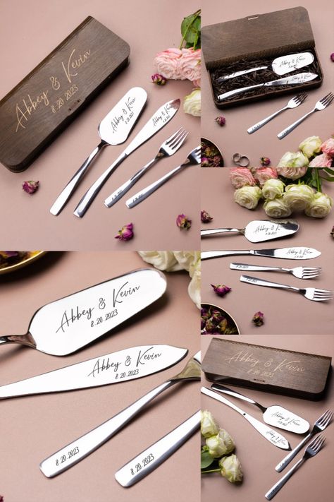 A sleek and elegant cake knife & server with cake forks set is completely beautiful addition to any wedding. These stainless steel servers and forks are stunning with minimalist design, ergonomic and personalized black engraving! They are really nice quality, tough and would make a great timeless keepsake for many years. Engraving is permanent, hand-wash only. Wedding Cake Knives, Wedding Cake Server Set, Elegant Cake, Wedding Cake Knife, Cake Fork, Cake Servers, Wedding Cake Server, Cake Server Sets, Personalized Wedding Cake Toppers