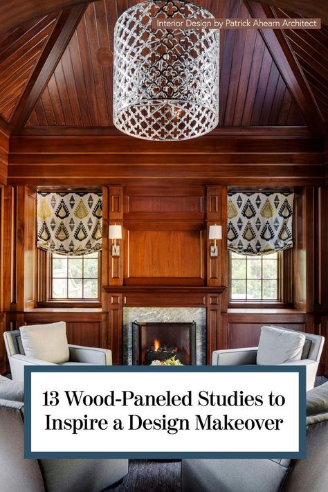 Wood-paneled walls create richness and warmth in a space, while at the same time infusing it with charm and sophistication. Wood Panel Decor Ideas, Wood Paneled Living Room, Wood Paneled Den, Wood Paneled Library, Wood Panel Ceiling, Paneled Den, Wood Paneled Walls, Leaded Glass Cabinets, Wood Panel Wall Decor