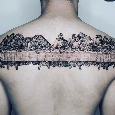 Christian Tattoos for Men & Women - 84 Ideas With Sacred Meaning The Last Supper Tattoo, Biblical Tattoos, Christ Tattoo, Religious Tattoo, Jesus Tattoo, Chest Tattoo Men, Leg Tattoo Men, Arm Band Tattoo, Incredible Tattoos