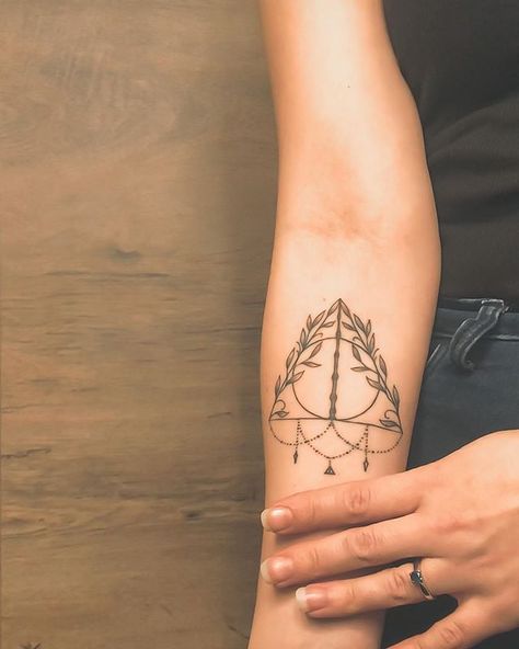 Harry Potter Tattoo Unique, Tiny Harry Potter Tattoos, Magical Tattoos, Hogwarts Tattoo, The Three Brothers, Harry Tattoos, Wrist Tattoo Cover Up, Hp Tattoo, Tattoo Placements