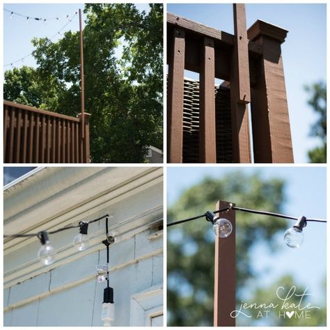 How to hang outdoor string lights on a deck - it's so easy to do! Deck String Lights, Outdoor Deck Decorating, House Lighting Outdoor, Outdoor Deck Lighting, Clean Patio, Farmhouse Style Lighting, Raised Deck, Building A Porch, Room Vibes