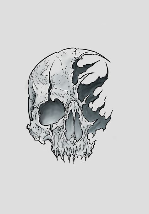 Zombie Skull Drawing, Skull With Headphones Drawing, Sideways Skull Drawing, Unique Skull Drawing, Cracked Skull Drawing, Demon Skull Drawing, Creepy Skull Drawing, Simple Skull Tattoo Design, Skeleton Skull Drawing