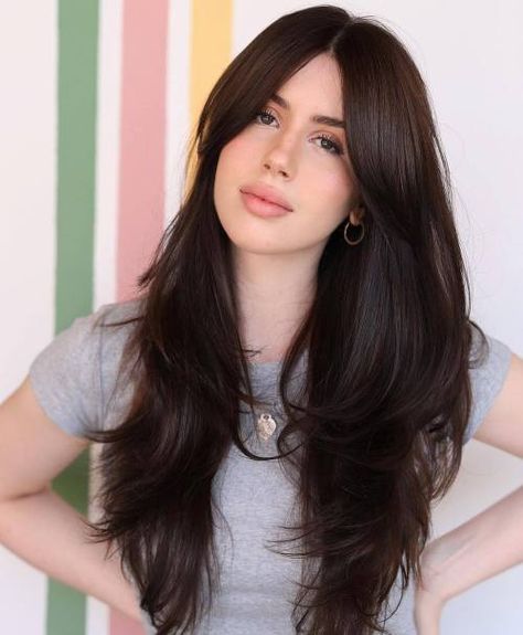 Long Sleek Hair with Bottom Layers Hair Cut For Oval Shape Girl Long Hair, Bottom Layers Haircut, Haircuts For Oval Shaped Face Long, Oval Face Haircuts With Bangs, Haircuts For An Oval Face, Black Hair Haircuts, Bangs Inspo, Hairstyles For Oval Faces, Long Sleek Hair