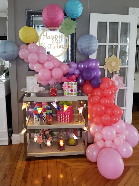 Birthday Party Bar Cart for a pre- teen Birthday Bar Cart Ideas, Cart For Birthday, Birthday Bar Cart, Snack Cart, Birthday Bar, Cake Day, Dry Bar, 22nd Birthday, Birthday Backdrop