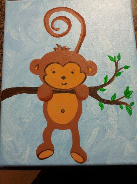 Easy Paintings Animals, Simple Animal Paintings For Beginners, Jungle Painting Easy, Cute Animal Paintings Easy, Baby Painting Ideas Canvases, Jungle Theme Painting, Monkey Painting Easy, Cute Monkey Painting, Monkey Painting Ideas