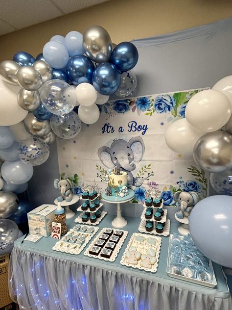 Melbin’s Baby Shower | CatchMyParty.com Boy Baby Shower Themes Ideas, Blue Elephant Baby Shower Ideas, Elephant Theme Baby Shower Boy, Baby Elephant Baby Shower Ideas, Baby Shower Elephant Theme Boy, Baby Shower Blue Theme, Elephant Shower Theme, Baby Shower Ideas For Boys Decorations, Baby Shower Themes Boy