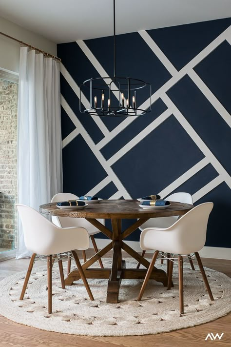 blue accent wall with white rectangles in a kitchen nook Wall Linings Ideas, Kitchen Wall Painting Design, Blue Tape Wall Design, Wall Paint Lines Design, Crazy Accent Wall, Black Wall Paint Design, Line Wall Painting, Blue Tape Designs Accent Walls, Black Paint Wall Design