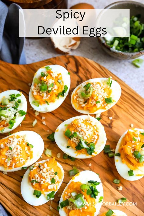 Spicy Deviled Eggs Deviled Egg Siracha, Spicy Deviled Eggs Recipe, Spicy Deviled Eggs, Sailor Bailey, Deviled Egg Salad, Spicy Eggs, Eggs Recipes, Best Appetizer Recipes, Egg Dishes