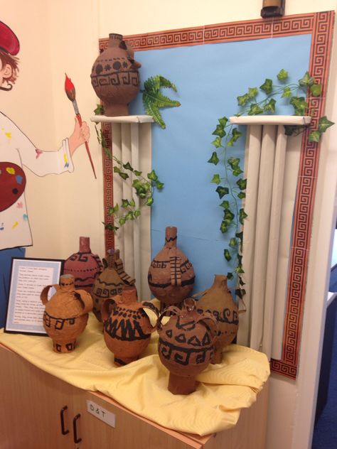 Ancient Greece bulletin board display with papier-mâché Greek vases Greek Festival Decorations, Ancient Greece Bulletin Board, Ancient Greece Ks2, Ancient Greece Display, Ancient Greece Art, Vases Ideas, Large Fireplace, Vision Board Ideas, Class Displays