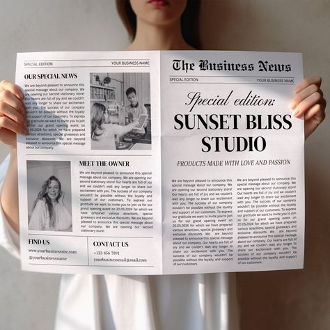 Business Newspaper Template, New Business Announcement Newspaper, Newspaper For Business Launch, Canva Newspaper, Photography Newspaper New Business Announcement, Photography Newspaper, Newspaper Announcement, Newspaper Photography, Business Announcement, Newspaper Template, Business Launch, Newspaper Design, Pink Box