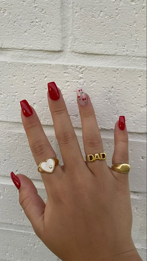 Harry Styles Nails Aesthetic, Harry Styles Red Nails, Red And Cherry Nails, Harry Styles Nail Inspo Acrylic, Harry Styles Gel Nails, Red Nail Designs Cherry, Harry Style Inspired Nails, Summer Red Acrylic Nails, Harry Styles Nails Acrylic