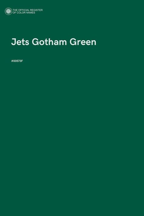 Jets Gotham Green - Color Name of Hex #00573F Pantone Dark Green Shades, Green Color Names Shades, Toxic Green Color Palette, Green Colour Pantone, Color Swatch Green, Green Color Names, Color Design Inspiration, Color Of The Day, Color Harmony