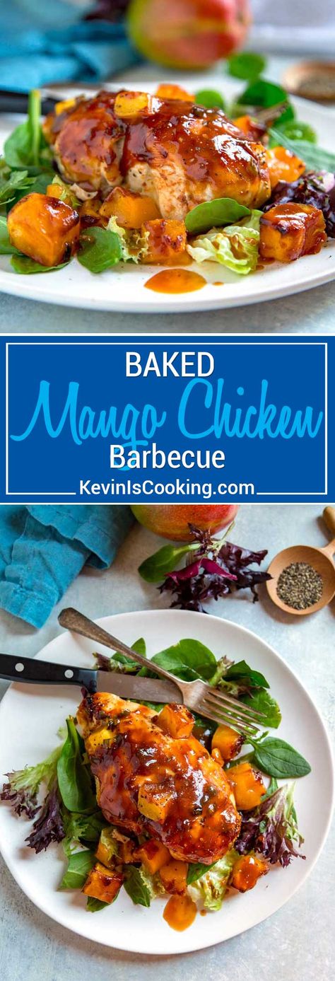 This sweet and savory Baked Barbecue Mango Chicken is so easy to put together, uses your favorite BBQ sauce, fresh mango chunks and gets a little kick from a diced jalapeño. Baked and caramelized, this Barbecue Mango Chicken is perfect with a side or on top of salad greens. #bbq #chicken #mango Mango Marinade For Chicken, Chicken And Mango Salsa, Baked Mango Chicken Recipes, Mango Habanero Chicken, Grilled Citrus Chicken With Mango Salsa, Baked Boneless Chicken Breast, Mango Chicken, Baked Bbq Chicken, Best Chicken Recipes