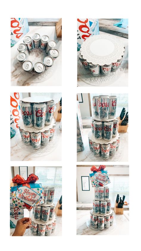 Cakes That Arent Cakes, 42 Birthday Party Ideas For Man, 50th Birthday Beer Cake, How To Make Beer Cake Tower, Birthday Beer Tower, Alcohol Birthday Decorations, Guys 24th Birthday Ideas, 21st Birthday Party Favors For Guys, Beer Can Cakes For Men Diy