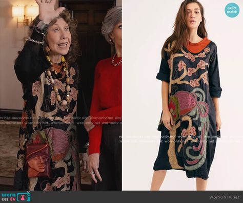 Frankie’s embroidered dress on Grace and Frankie. Outfit Details: https://wornontv.net/285623/ %23GraceandFrankie Frankie Clothing, Grace And Frankie, Lily Tomlin, Jack Rogers Sandals, Black Embroidered Dress, Tassel Shoes, Women Clothes, Latest Outfits, Outfit Details