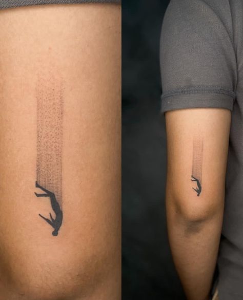 Falling, man, tattoo Falling Man Tattoo, Alex Tattoo, Tato Minimal, Tatuagem Masculina Pequena, Pola Tato, Simple Tattoos For Guys, Man Tattoo, Forearm Band Tattoos, Men's Small Tattoo