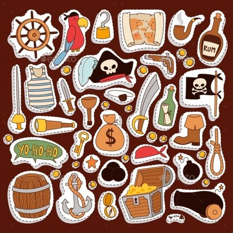 Pirate Stickers Icons Vector Collection Adventure, Vectors | GraphicRiver Treasure Doodle, Pirates Cartoon, Pirate Stickers, Pirate Cartoon, Doodle Icons, Mind Map Design, Pirate Games, Pirate Theme Party, Pirate Adventure