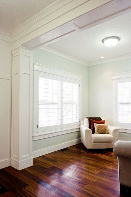 Traditional Window Treatments, Interior Columns, Window Room, Living Room Windows, A Living Room, Wood Flooring, Wainscoting, Basement Remodeling, New Wall