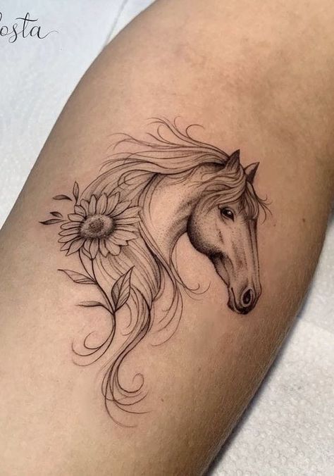 Horse Tattoo Thigh Design, Horse With Sunflowers Tattoo, Horse Tattoo Ideas For Women Arm, Horse Tattoos Ideas, Horse Small Tattoo, Cool Horse Tattoos, Horse Floral Tattoo, Tattoo Horse Ideas, Horses Tattoo Ideas