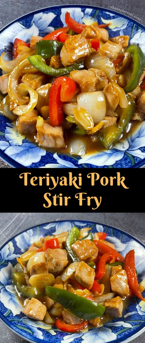 Teriyaki Pork Stir Fry - marinated cubed pork stir fried with sliced onions and peppers in a delicious sauce! Here is how to make it! Teriyaki Pork Stir Fry, Pork Teriyaki, Easy Pork Recipe, Stir Fry Easy, Recipes Noodles, Noodles Chinese, Pork Stir Fry Recipes, Dinner Pork, Chicken Chinese