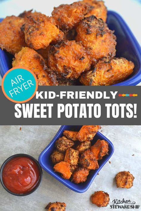 Sweet Potato Tots Recipe, Healthy Tater Tots, Sweet Potato Tater Tots, Sweet Potato Tots, Potato Tots, Appetizers For Kids, Produce Recipes, Veggie Fries, Air Fryer Healthy