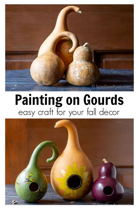 Painting Dried Gourds, Gords Fall Decor, Dried Gourds Crafts Ideas, Birdhouse Gourds Ideas, Gourd Decorating Ideas, How To Dry Gourds, Painting Gourds, Cute Birdhouse, Gourd Painting