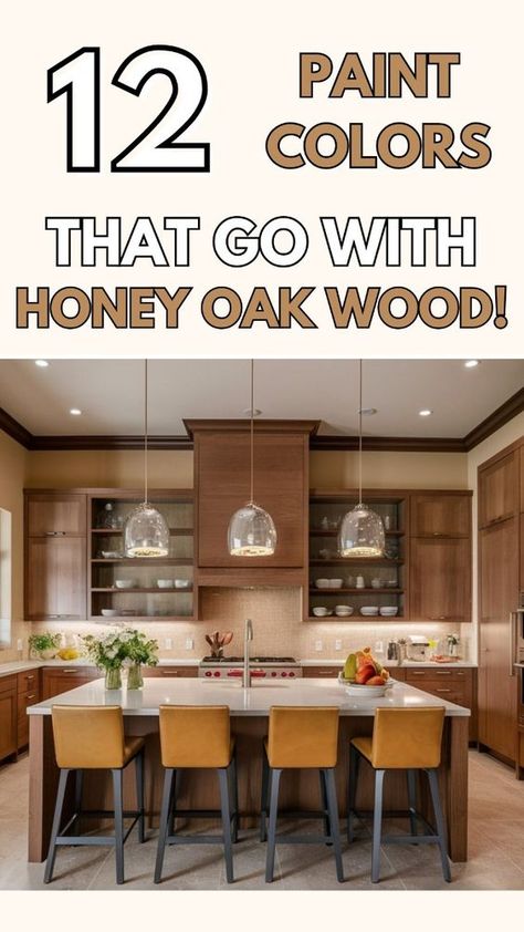 12 Paint Colors That Go With Honey Oak Wood, trim, cabinets. Best paint colors to match with honey oak. #honeyoak, #paintcolors, #woodcabinets, #woodfloors, Laminate Wood Flooring With Oak Trim, Paint Color For Honey Oak Cabinets, Honey Oak Cabinets Paint Color, Behr Paint With Honey Oak, Honey Oak Kitchen Cabinets Hardware, Oak Floors Paint Colors, Paint Colors With Honey Oak Trim, Honey Oak Floors Wall Colors, Honey Oak Kitchen Cabinets Wall Color