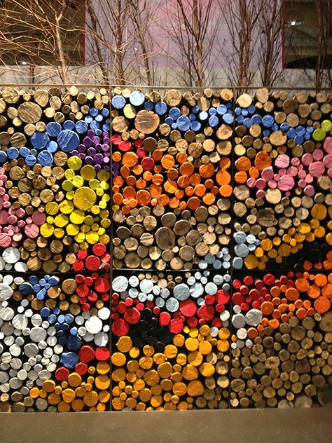 Painted logs - chic and artsy yet perfectly practical...BRAVO!! Painted Logs, Toronto Interior Design, Daycare Decor, Stone Landscaping, Wood Pile, Architecture Portfolio Design, Eco Architecture, Public Sculpture, Bamboo Crafts