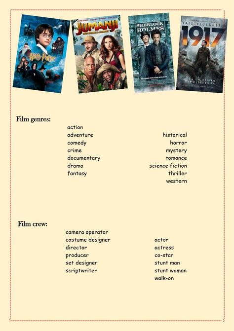 Film Genres List, Verbs And Adjectives, Stunt Woman, English Knowledge, Teaching Vocabulary, Films Movies, Film Genres, Picture Dictionary, Western Film