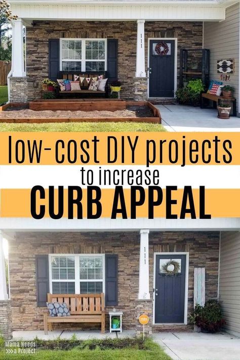 Follow along with free woodworking plans and craft tutorials to completely transform your front porch! These DIY projects make a huge impact on your curb appeal while saving money. Find tutorials for DIY front porch decor and DIY front porch furniture. #diyoutdoorfurniture #frontporch #frontporchdecor #diyoutdoordecor Home Curb Appeal, Diy Curb Appeal, Front Porch Makeover, Porch Makeover, Living Vintage, Sutton Place, Porch Design, Woodworking Projects Diy, Porch Decor