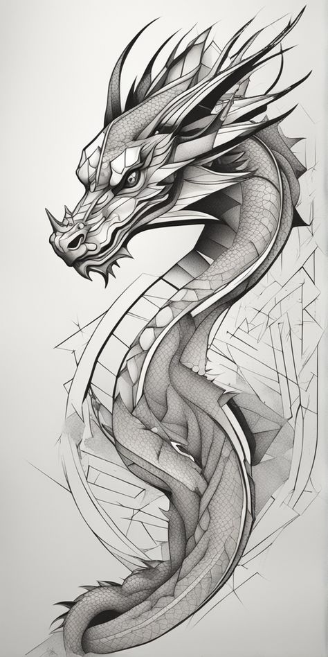 A striking black and white dragon tattoo design in a geometric style on a blank canvas. The intricacy of this stark artwork adds depth and detail to the mythical creature's form. Dragon Geometric Tattoo, Black And White Dragon Tattoo, Geometric Dragon Tattoo, White Dragon Tattoo, Geometric Dragon, Black And White Dragon, Dragon Tattoo Designs, White Dragon, Dragon Tattoo