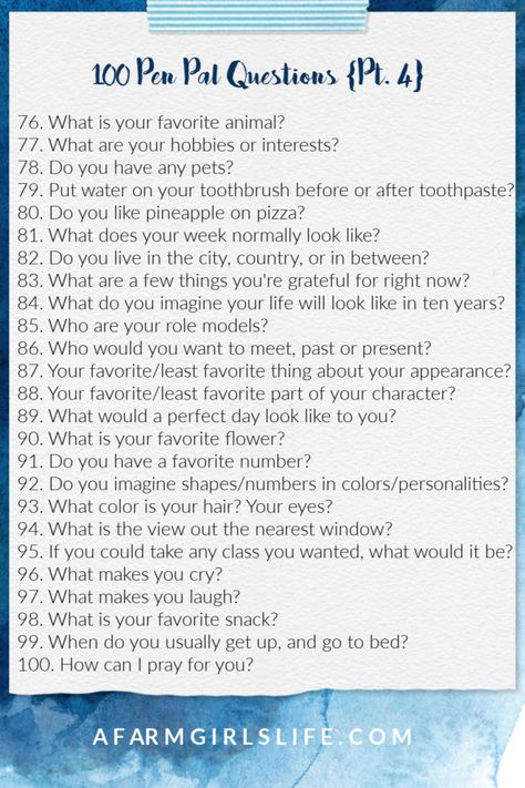 100 Questions to Ask Your Pen Pal – A Farm Girl's Life Pen Pal Questions For Adults, Pen Pal Questions, Thing To Do With Friends, What Is Your Love Language, Happy Mail Inspiration, 100 Questions To Ask, What Makes You Laugh, Snail Mail Pen Pals, Swap Ideas