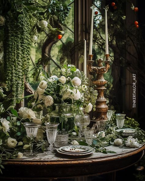 Dark Green Table Decor, Academia Wedding, Old World Wedding, Victorian Green, Floral Creations, Spring Projects, Green Table, French Garden, Rococo Style