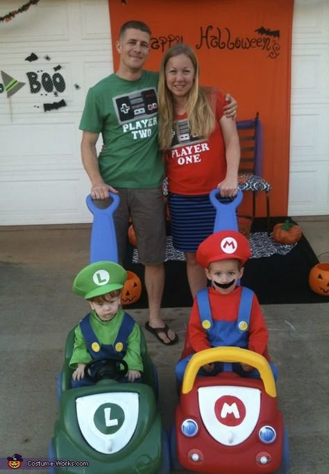 Mario Kart Family Halloween Costume Idea Mario Cart Halloween Costumes Family, Mario Cart Family Costumes, 4 Family Halloween Costume, Mario Kart Family Costumes, Mario Cart Halloween Costumes, Mario Kart Halloween Costume, Family Costumes For 4, Family Of 3 Halloween Costumes, Family Costumes For 3