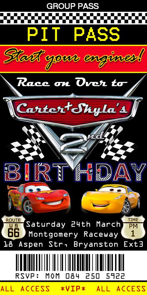 Pit Pass Birthday Invitation, Cars Theme Cars 2nd Birthday Invitation, Pit Pass Birthday Invitations, Cars 2nd Birthday, Cars Drive, Cars Birthday Invitations, Hot Wheels Birthday, Car Birthday Theme, Cars Theme Birthday Party, Twins 1st Birthdays