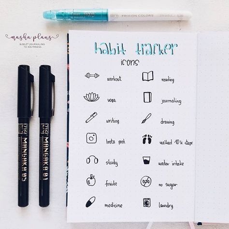 One of the things I like to use the most in my habit trackers are icons. I find it's more fun to doodle them, rather that just write down a habit. ⠀ So I thought today I'd just doodle some icons you can use for your trackers. Hope these are useful to you too. ⠀ What other habits do you track? ⠀ ____________ 😉 don't forget to check out my latest blog post! (link in bio) ⠀ #bulletjournaling #bujoideas #mashaplans #bujotracker #trackers #trackerideas #weeklytracker #bujoicons #... Bullet Journal Icons, Bullet Journal Habit Tracker, Doodling Tutorial, Journal Habit Tracker, Bullet Journal Weekly Layout, Bullet Journel, Bullet Journal Key, Habit Tracker Bullet Journal, Bullet Journal Tracker