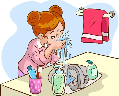 child washing face cartoon vector Wash Face Illustration, Face Cartoon, Routine Cards, Action Pictures, Cartoon Body, Rules For Kids, Cartoon Clip, Preschool Activities Toddler, Washing Face