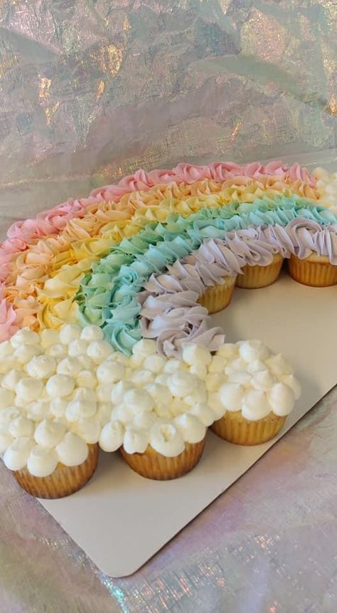 Pastel Rainbow Bday Party, Pink Rainbow Cupcakes, Sunshine And Rainbow Cupcakes, Cloud 9 Bday Party Ideas, Rainbow Cake Table, 1st Birthday Party Rainbow Theme, Pastel Theme Baby Shower Ideas, Rainbow Snack Table, Rainbow Birthday Treats