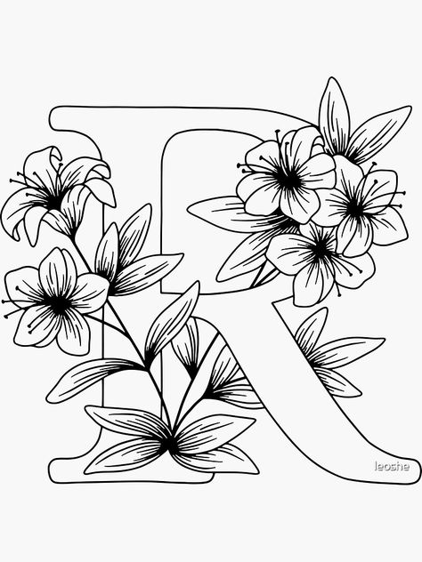 "R - Monogram Floral Botanical" Sticker by leoshe | Redbubble R Letter Art, Easy Drawings Ideas, Sketches To Draw, Book Sketches, R Drawing, R Monogram, Floral Monogram Letter, R Letter, Christmas Embroidery Patterns