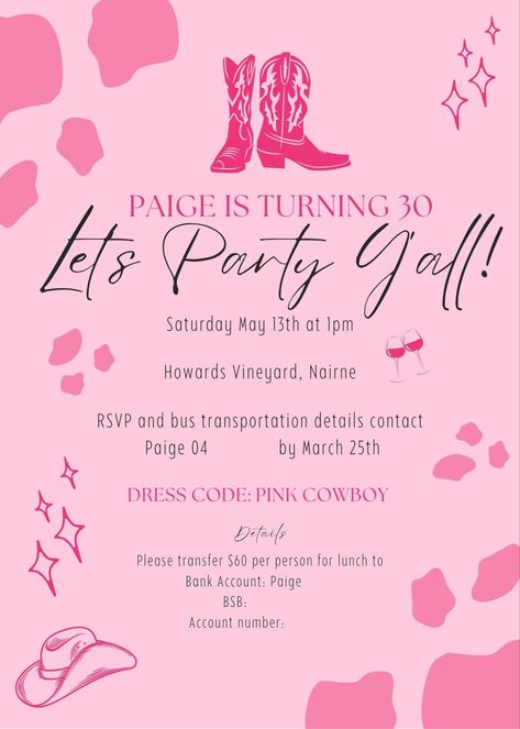 Cowgirl Themed Birthday Party Invitations, 21st Birthday Invitations Cowgirl, Pink Cowgirl Party Invitation, Cowboy Pink Party, Western Pink Party, Cowgirl Birthday Invitations Template, Pink Cowgirl Invitations, Disco Cowgirl Birthday Party Invitations, Pink Cowgirl Decorations