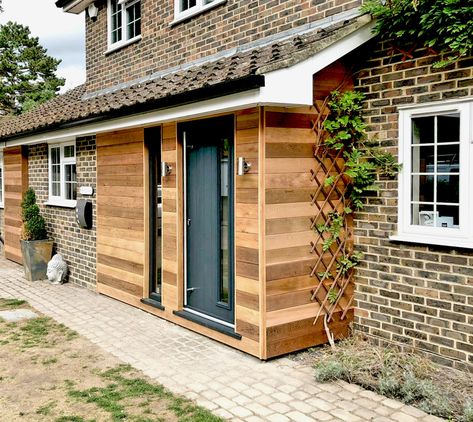 Cladding Around Front Door, Porch Cladding Ideas, Timber Clad Rear Extension, Cedar Cladding Front Porch, Front Porch Cladding, Front Extension Ideas House, House Front Extension, Porch Cladding, Cedar Extension