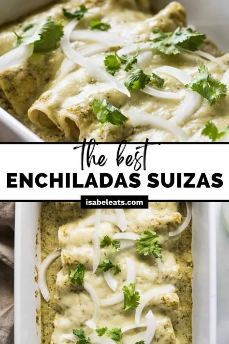 Enchiladas suizas are made from corn tortillas stuffed with chicken, covered in a creamy green sauce, and topped with lots of cheese! Crema Mexicana Recipe, Chicken Enchiladas Suiza, Enchiladas Suizas Recipe, Creamy Green Sauce, Isabel Eats, Chicken Lickin, Enchiladas Suizas, Homemade Salsa Verde, Best Enchiladas