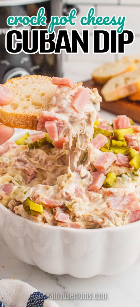 Enjoy a taste explosion of epic proportions! Crock Pot Cheesy Cuban Dip transforms a classic Cubano sandwich into the ultimate party food! #Realhousemoms #crockpot #cheesy #cubandip #cuban #appetizer #chips #gameday #sundayfunday #cubansandwich #partyfood #football White Pizza Dip, Skirt With Shirt, Cuban Sandwich Recipe, Bbq Chicken Dip, Dip Recipes Crockpot, Tops With Jeans, Cubano Sandwich, Football Foods, Plain White Sneakers