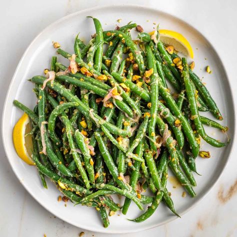 Lemony Green Bean Salad Cold Green Bean Salad, Blanched Green Beans, Shallot Dressing, Easy Green Bean Recipes, Garlicky Green Beans, Green Bean Salad Recipes, Green Beans With Almonds, Blanching Green Beans, Easy Green Beans