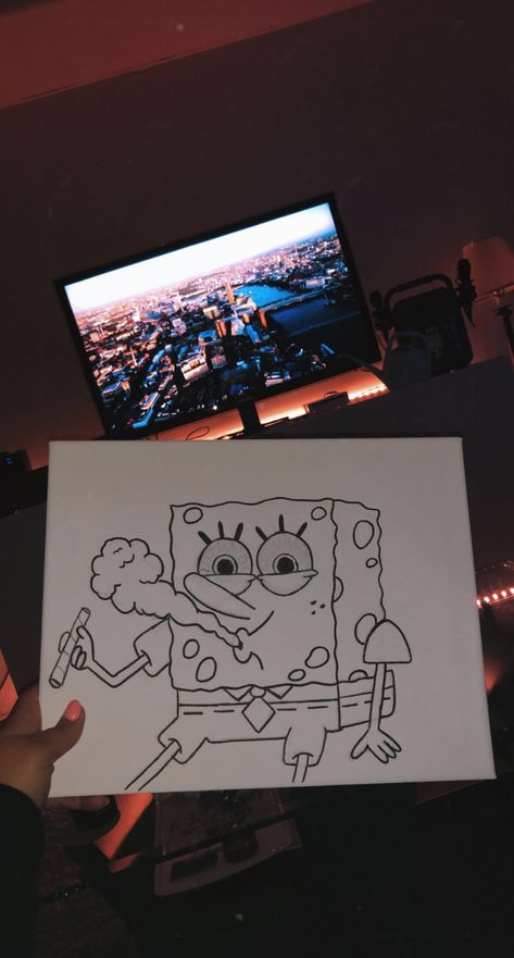 High Spongebob Drawing, Funny Spongebob Drawings, Spongebob High Painting Canvases, Spongebob High Painting, Spongebob High Drawing, Funny Painting Idea, Hippie Drawing, Paint Board, Spongebob Drawings