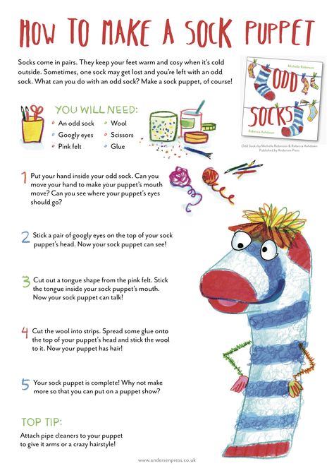 Make a Sock Puppet - from ODD SOCKS, Michelle Robinson & Rebecca Ashdown, Andersen Press 2016 Odd Socks Day, Nanny Crafts, Michelle Robinson, Clothing Study, Reading Week, Odd Socks, Sock Puppet, Elementary Books, Felt Glue