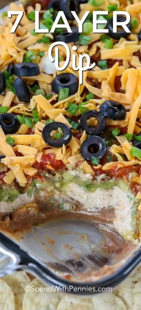 Simple and delicious, this easy 7 layer dip recipe is the perfect appetizer. Everyone will love it, trust me! #spendwithpennies #7layerdip #layerdip #sevelayerdip #7layerbeandip #beandip Easy 7 Layer Dip, Layer Dip Recipe, 7 Layer Bean Dip, 7 Layer Dip Recipe, Layered Dip Recipes, Layered Bean Dip, 7 Layer Dip, Layered Taco Dip, Chips Dip