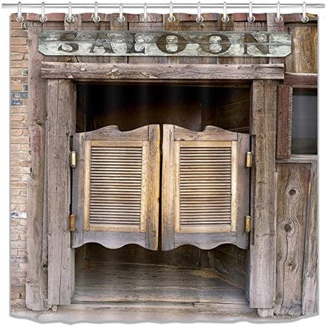 Acnh Aesthetics, Pergola Area, Country Farmhouse Bathroom, Western Shower, Wild West Saloon, Western Shower Curtain, Rustic Shower Curtains, Saloon Bar, Saloon Decor