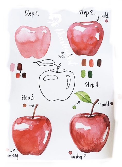 Beautiful Drawing Ideas, Cool Drawing Ideas, Apple Drawing, Art Apple, Cool Drawing, Learn Watercolor Painting, Learn Watercolor, Watercolor Food, Drawings Ideas