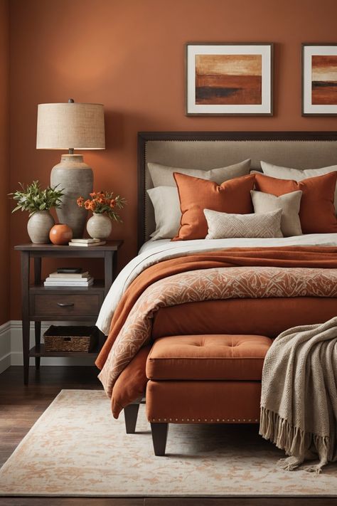 20 Terracotta Bedroom Furniture Ideas – ToolzView Terracotta Bedroom Color Schemes Bedding & Blankets, Orange Brown Cream Bedroom, Terracotta Paint Furniture, Rusted Orange Bedroom, Warm Bedroom Colors, Terracotta Bedroom, Rustic Bed, Cozy Fall Bedroom, Fall Bedroom Decor